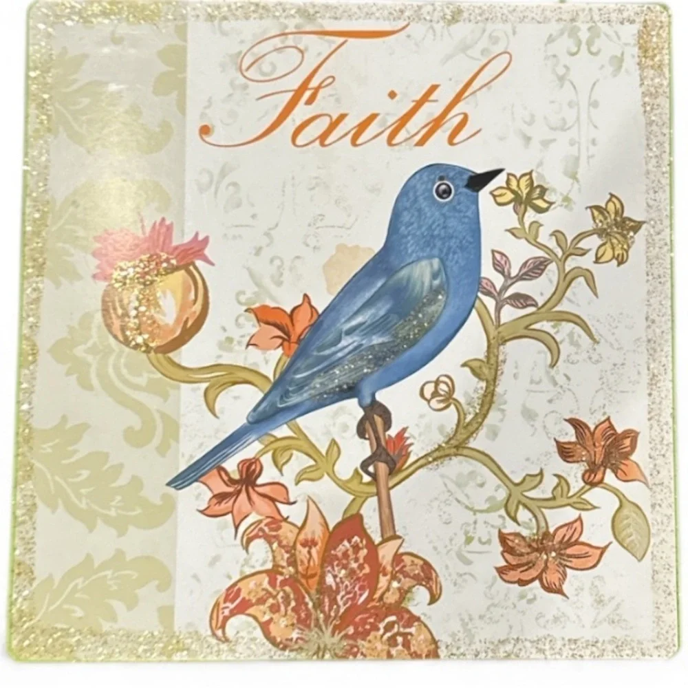 Ashland Decorative Orange Multi Square Tin “Faith” Blue Bird Wall Hanging NWT